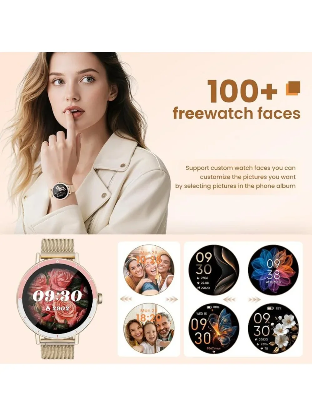 Stylish Smart Watch for Women, Fitness Tracker with Call & Text Alerts